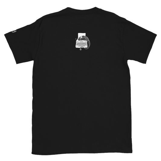 Writers Quadrant Typewriter Unisex Softstyle Short Sleeve Tee with Back Design (White Text)