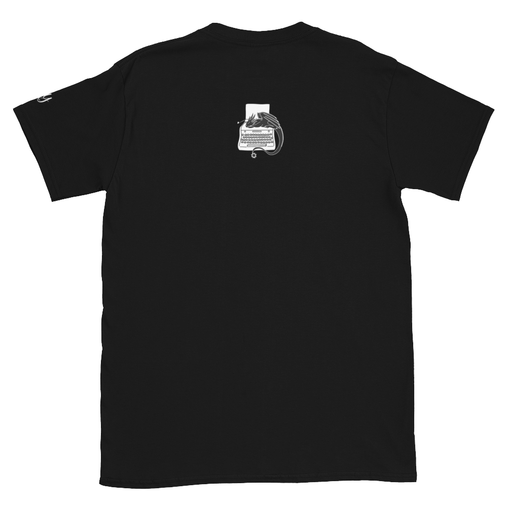 Writers Quadrant Typewriter Unisex Softstyle Short Sleeve Tee with Back Design (White Text)