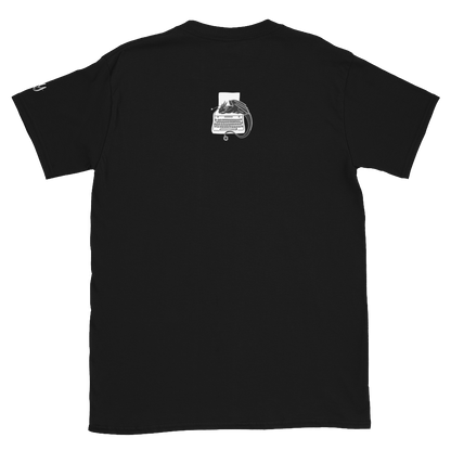 Writers Quadrant Typewriter Unisex Softstyle Short Sleeve Tee with Back Design (White Text)
