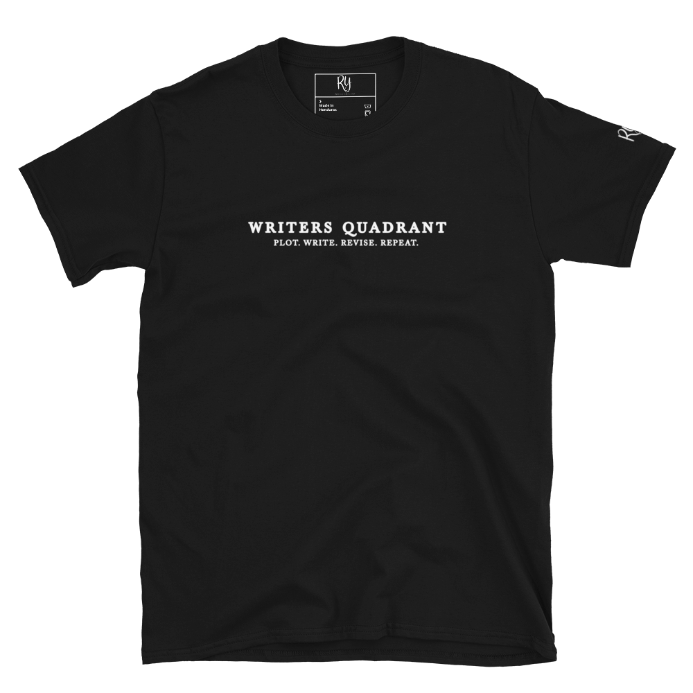 Writers Quadrant Typewriter Unisex Softstyle Short Sleeve Tee with Back Design (White Text)