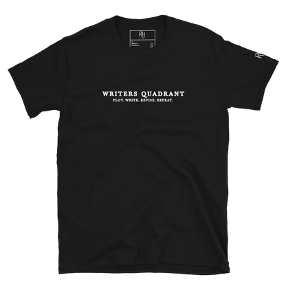 Writers Quadrant Typewriter Unisex Softstyle Short Sleeve Tee with Back Design (White Text)