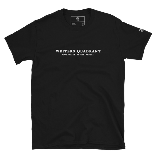 Writers Quadrant Typewriter Unisex Softstyle Short Sleeve Tee with Back Design (White Text)