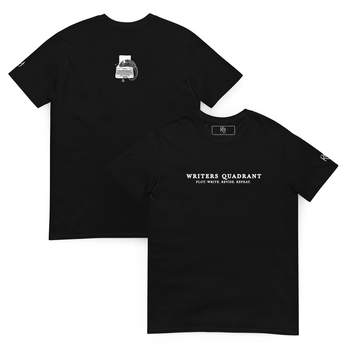 Writers Quadrant Typewriter Unisex Softstyle Short Sleeve Tee with Back Design (White Text)