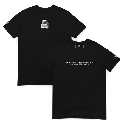 Writers Quadrant Typewriter Unisex Softstyle Short Sleeve Tee with Back Design (White Text)