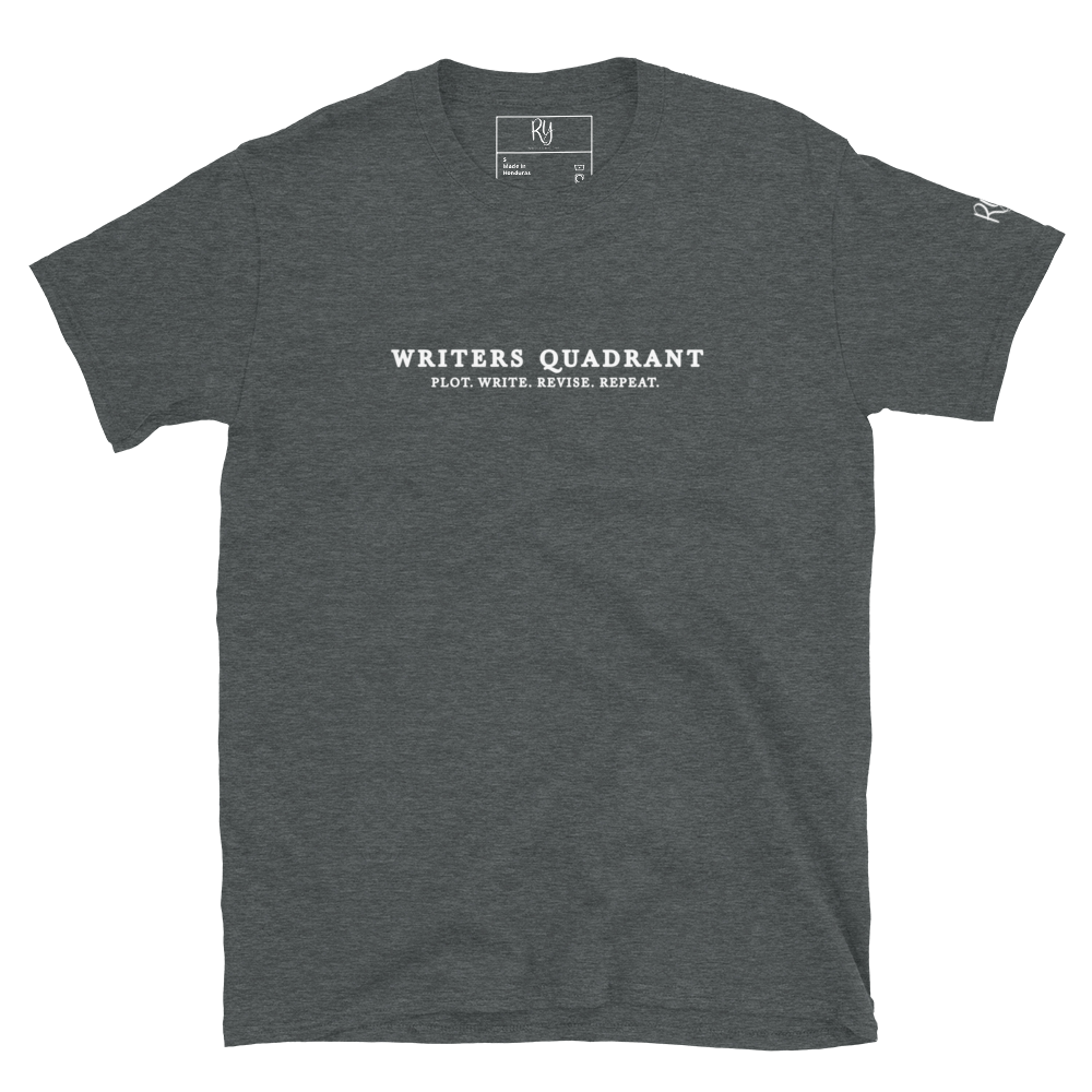 Writers Quadrant Typewriter Unisex Softstyle Short Sleeve Tee with Back Design (White Text)