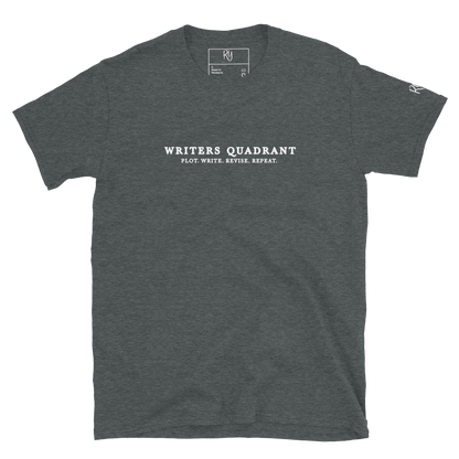 Writers Quadrant Typewriter Unisex Softstyle Short Sleeve Tee with Back Design (White Text)