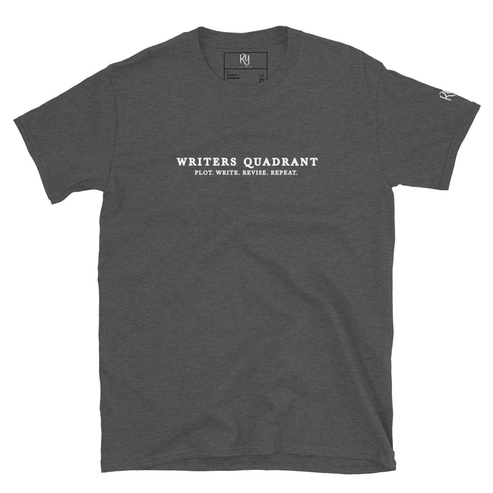 Writers Quadrant Typewriter Unisex Softstyle Short Sleeve Tee with Back Design (White Text)