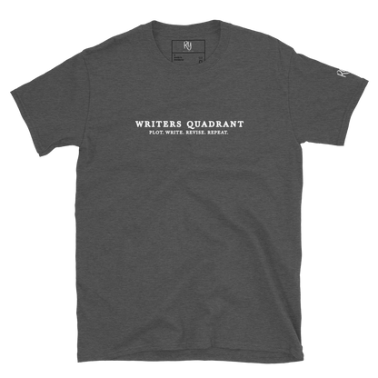 Writers Quadrant Typewriter Unisex Softstyle Short Sleeve Tee with Back Design (White Text)