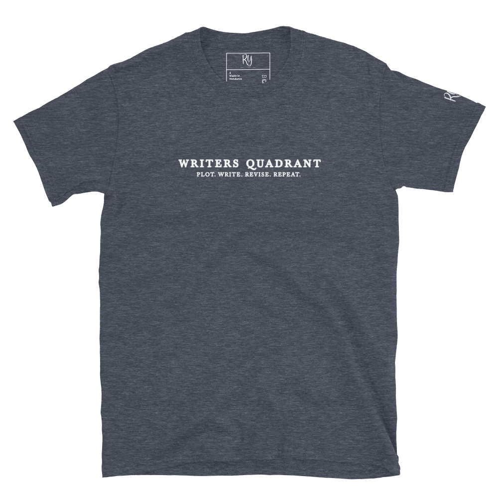 Writers Quadrant Typewriter Unisex Softstyle Short Sleeve Tee with Back Design (White Text)