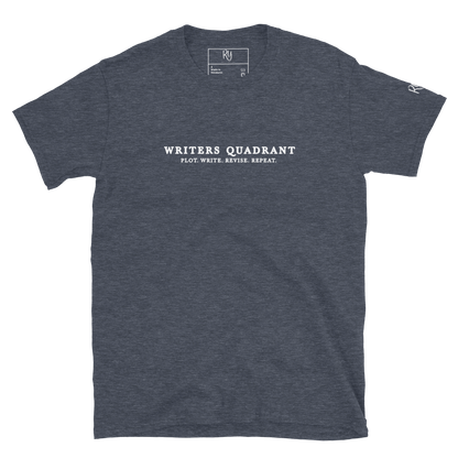 Writers Quadrant Typewriter Unisex Softstyle Short Sleeve Tee with Back Design (White Text)