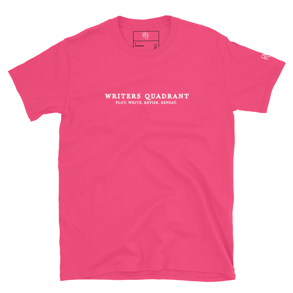 Writers Quadrant Typewriter Unisex Softstyle Short Sleeve Tee with Back Design (White Text)