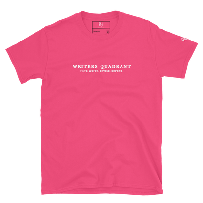 Writers Quadrant Typewriter Unisex Softstyle Short Sleeve Tee with Back Design (White Text)