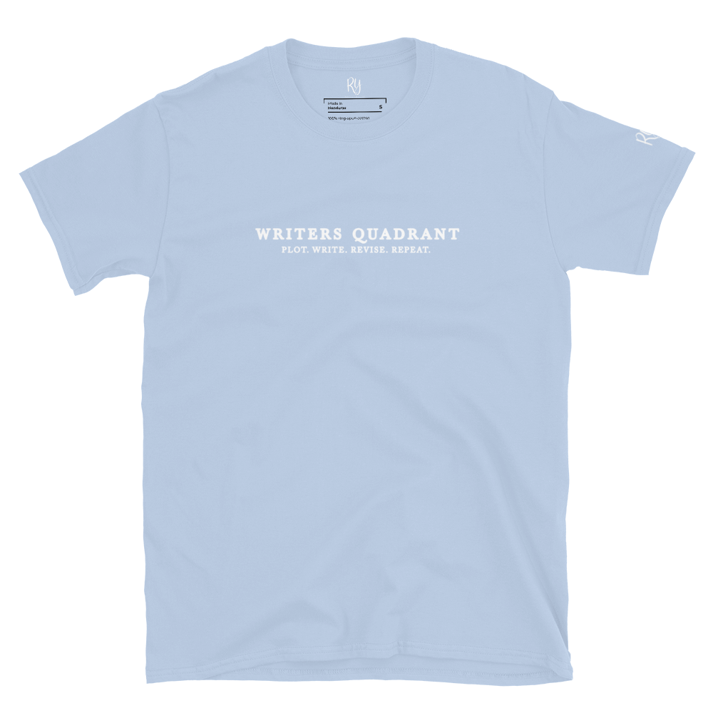 Writers Quadrant Typewriter Unisex Softstyle Short Sleeve Tee with Back Design (White Text)