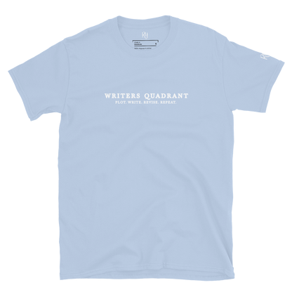 Writers Quadrant Typewriter Unisex Softstyle Short Sleeve Tee with Back Design (White Text)