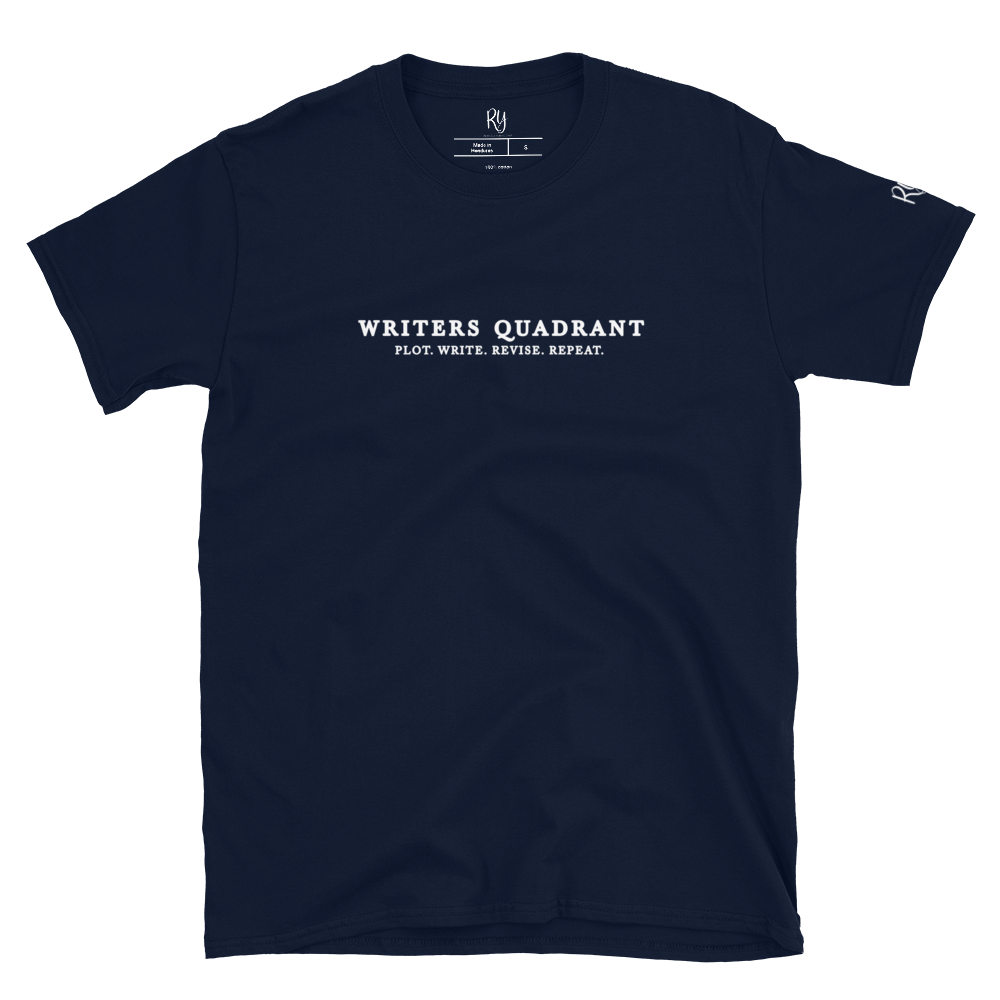 Writers Quadrant Typewriter Unisex Softstyle Short Sleeve Tee with Back Design (White Text)