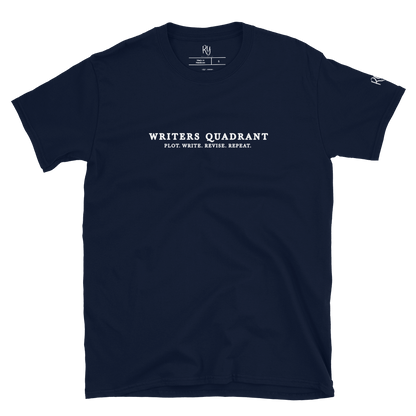 Writers Quadrant Typewriter Unisex Softstyle Short Sleeve Tee with Back Design (White Text)