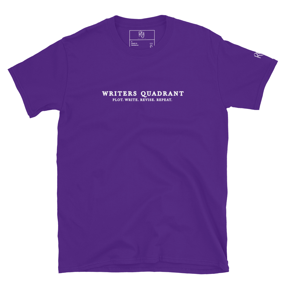 Writers Quadrant Typewriter Unisex Softstyle Short Sleeve Tee with Back Design (White Text)