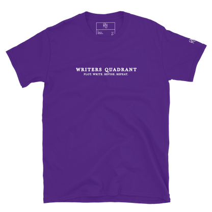 Writers Quadrant Typewriter Unisex Softstyle Short Sleeve Tee with Back Design (White Text)
