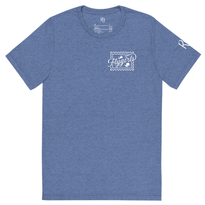 Flygirls Stamp Tri-Blend Short Sleeve Tee with Back Design (White Front)