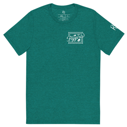 Flygirls Stamp Tri-Blend Short Sleeve Tee with Back Design (White Front)